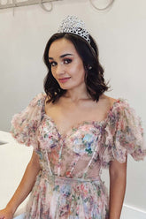 Princess A-Line Floral Corset Long Prom Dress with Balloon Sleeves